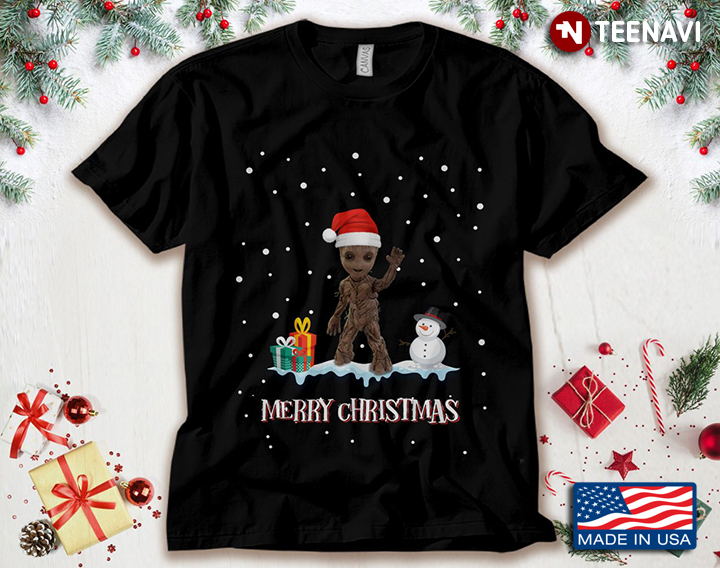 Merry Christmas Groot With Santa Hat And Snowman