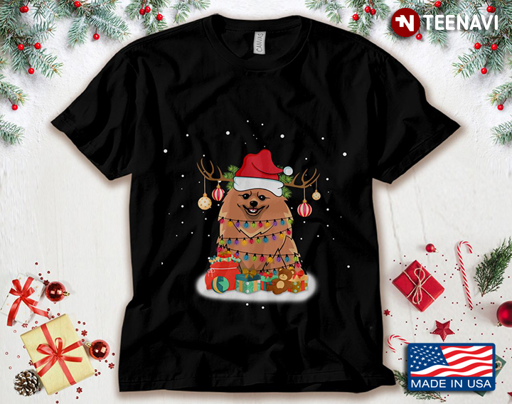 Pomeranian With Santa Hat And Fairy Lights Dog Lover for Christmas