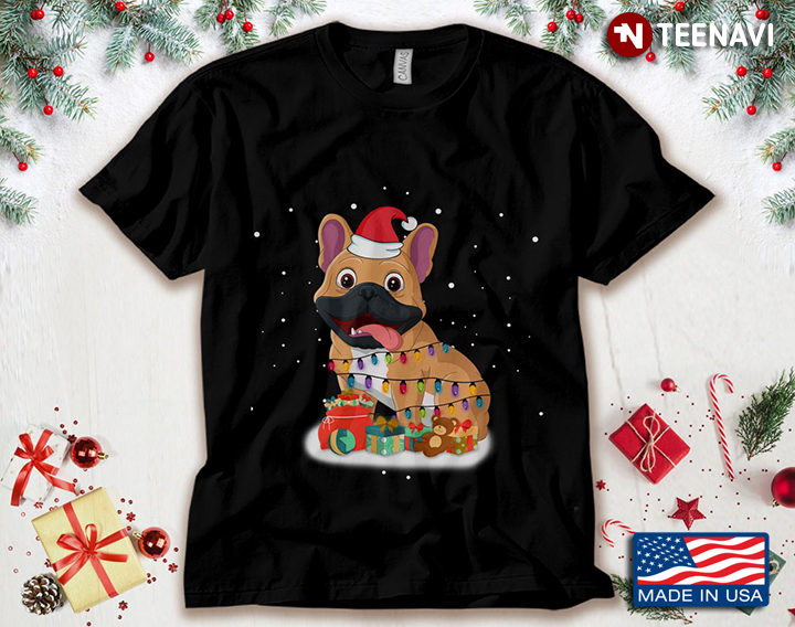 Brown Pitbull With Santa Hat And Fairy Lights Dog Lover for Christmas