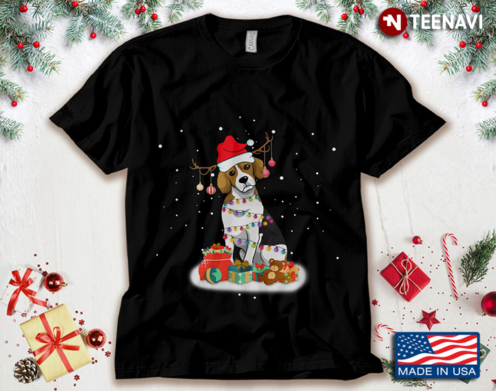 Beagle With Santa Hat And Fairy Lights Dog Lover for Christmas