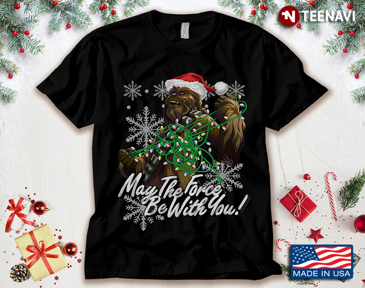 May The Force Be With You Chewbacca With Santa Hat And Fairy Lights for Christmas
