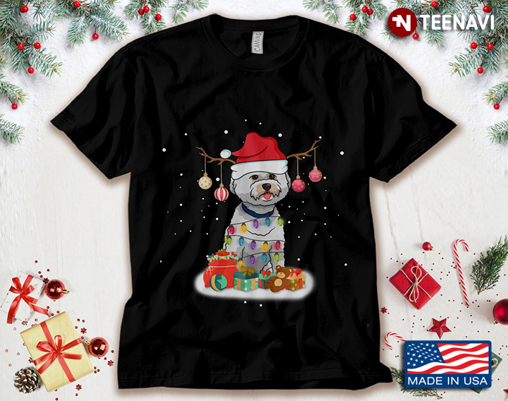 Bichons Frise With Santa Hat And Fairy Lights Dog Lover for Christmas