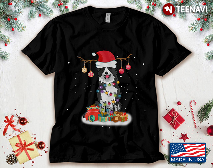 Border Collie With Santa Hat And Fairy Lights Dog Lover for Christmas