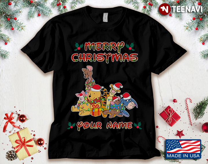 Personalized Name Merry Christmas Winnie the Pooh Characters With Santa Hat