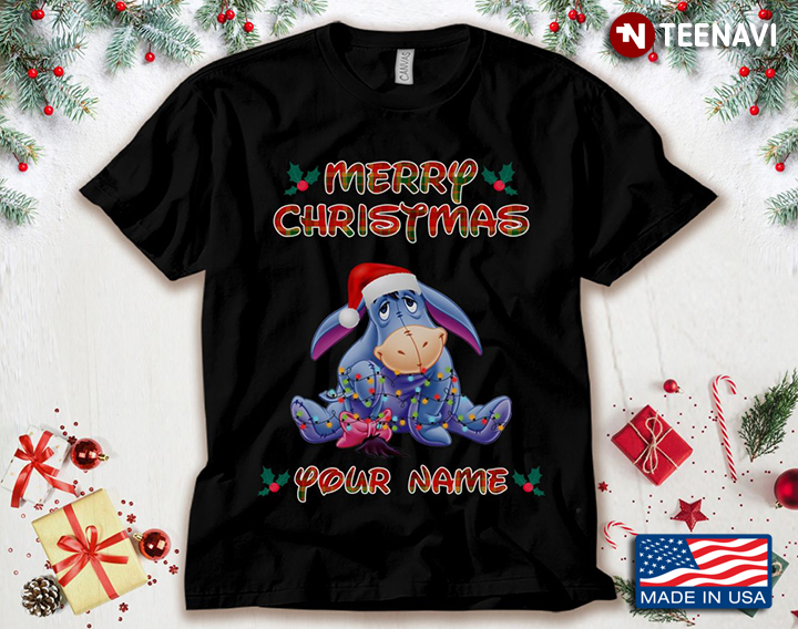 Personalized Name Merry Christmas Eeyore With Santa Hat And Fairy Lights
