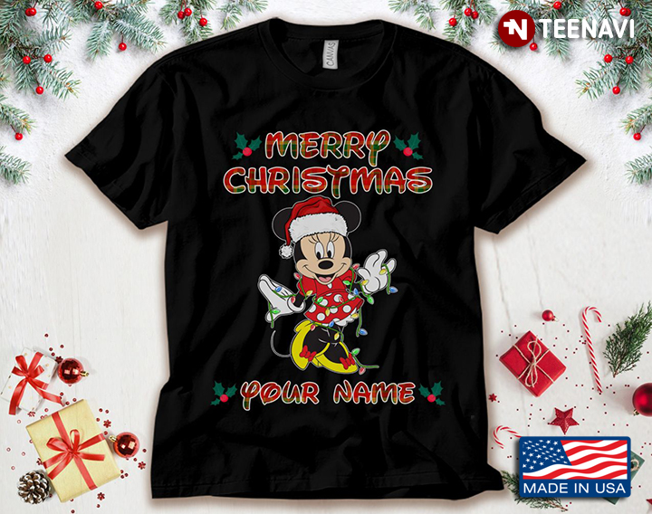 Personalized Name Merry Christmas Minnie Mouse With Santa Hat And Fairy Lights