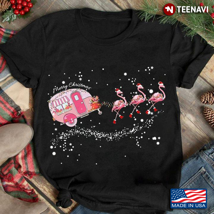 Merry Christmas Camping Car And Flamingos With Santa Hats for Camp Lover