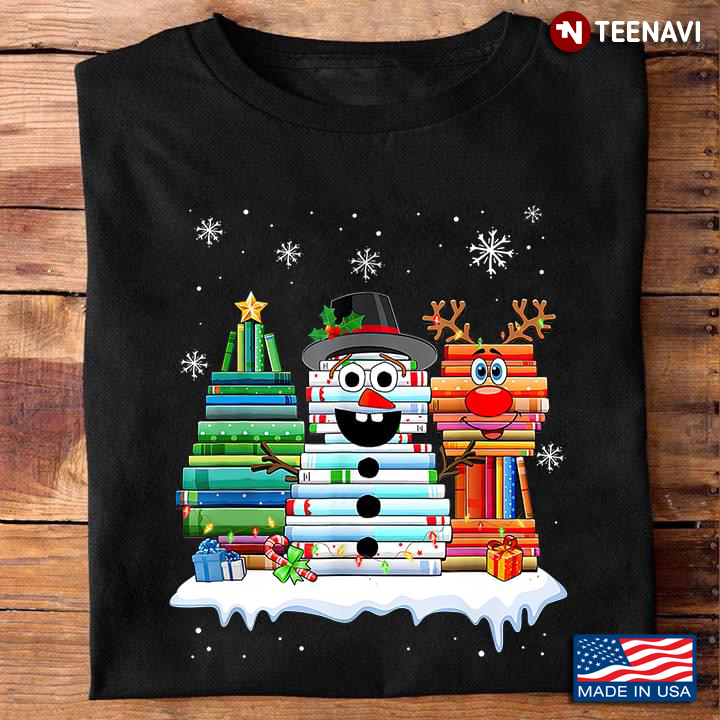 Xmas Tree Snowman And Reindeer Full Of Books Merry Christmas for Books Lover