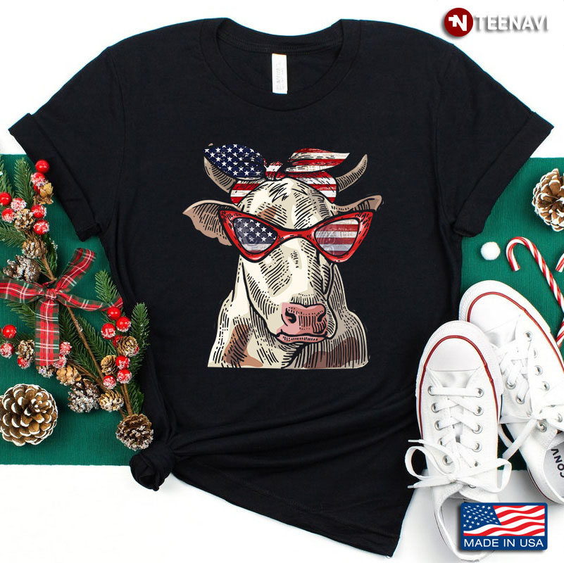 Cow With American Flag Headband And Glasses for Animal Lover