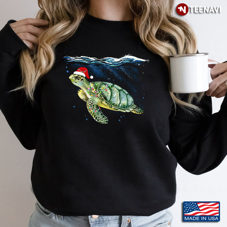 Sea Turtle With Santa Hat And Fairy Lights for Christmas