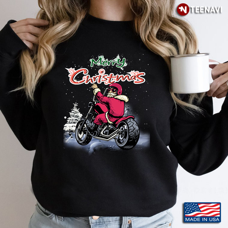 Merry Christmas Santa Claus Rides Motorcycle