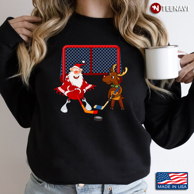 Santa Claus And Reindeer Play Hockey for Christmas