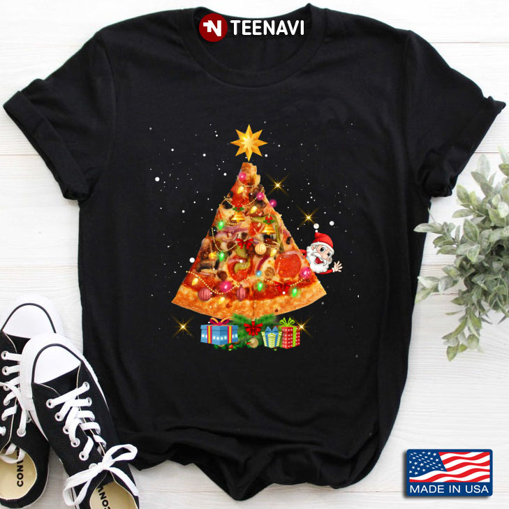 Pizza Xmas Tree With Fairy Lights And Santa Claus for Christmas