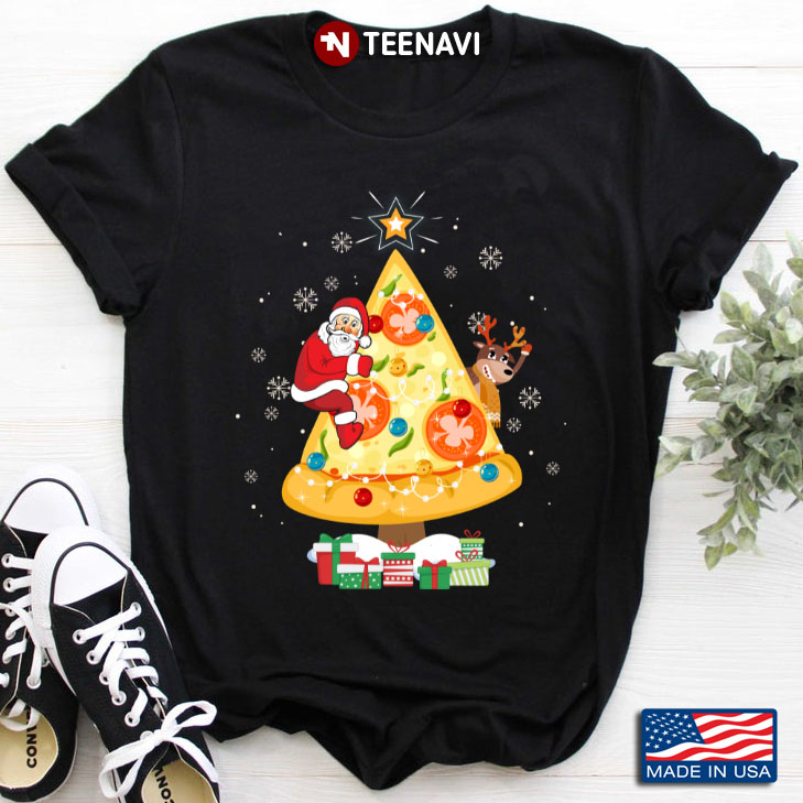 Pizza Xmas Tree With Fairy Lights Reindeer And Santa Claus for Christmas