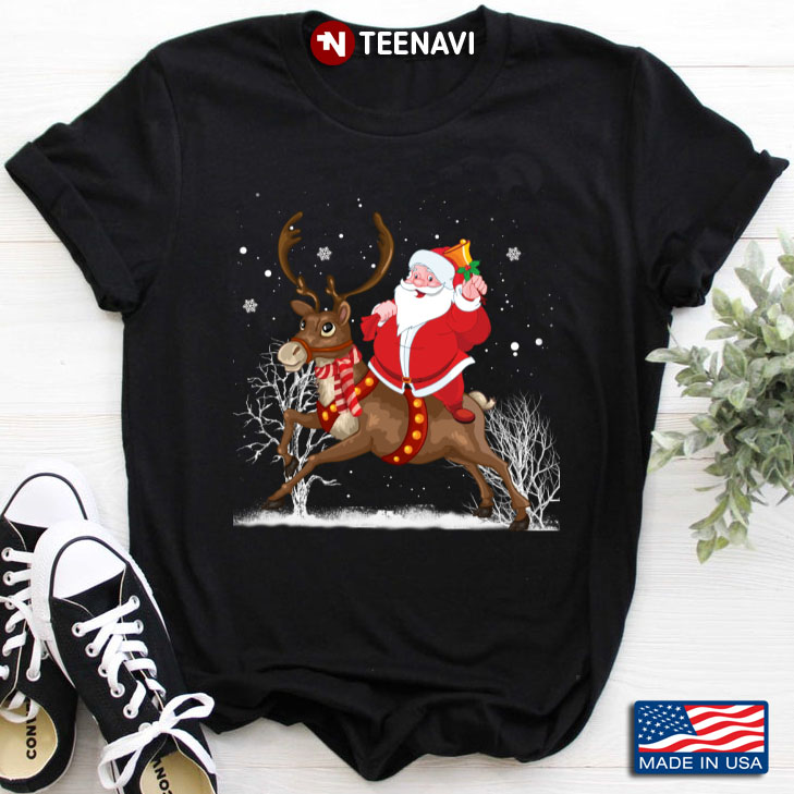 Santa Claus Rides Reindeer Merry Christmas
