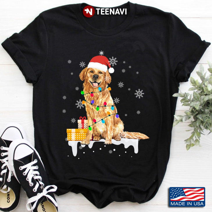 Golden Retriever With Santa Hat And Fairy Lights for Christmas