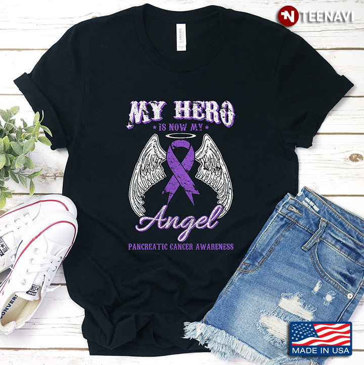 My Hero Is Now My Angel Pancreatic Cancer Awareness Purple Ribbon