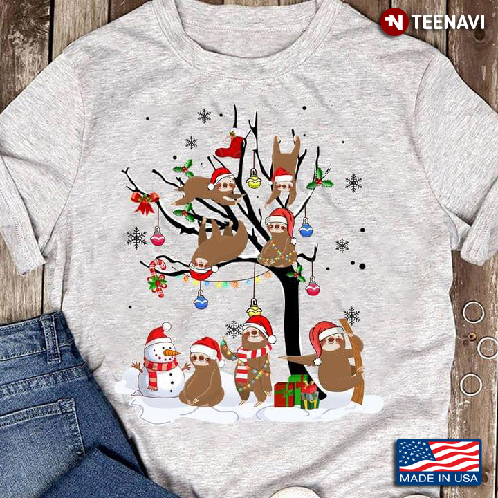 Merry Sloth Christmas With Snowman And Christmas Tree Santa Hat