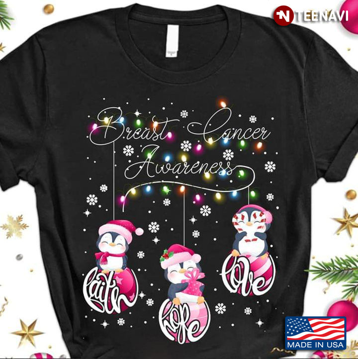 Funny Penguins Faith Hope Love Breast Cancer Awareness Merry Christmas Pink