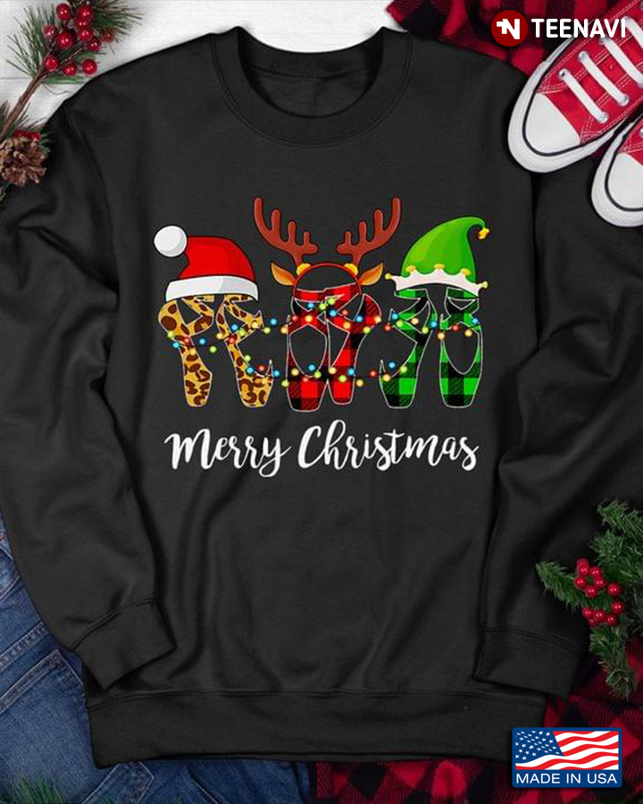 Ballet Pointe Shoe Christmas Santa Hat Reindeer And Elf T-Shirt