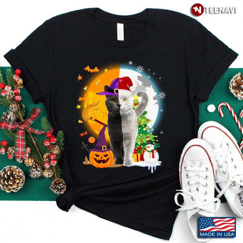 Awesome Cat Happy Halloween And Merry Christmas Kitten Black White