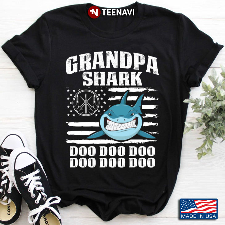 Grandpa Shark Doo Doo Shirt Matching Family Shark Doctor Papa American Flag