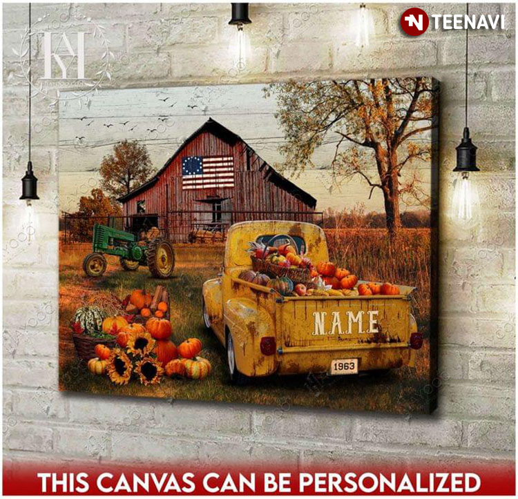 Personalized Name Betsy Ross Flag Green Tractor & Yellow Truck With Pumpkins, Sunflowers On Farm