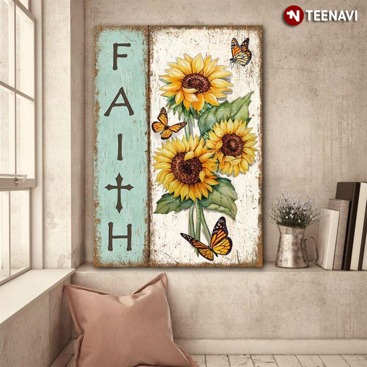 Vintage Monarch Butterflies Flying Around Sunflowers Faith