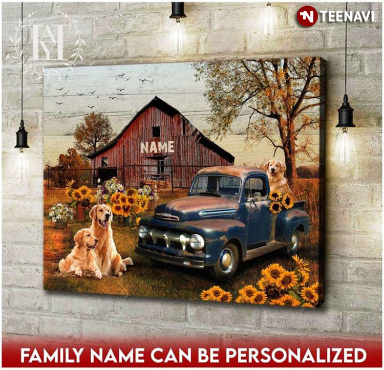Personalized Family Name Blue Car With Sunflowers, Daisy Flowers And Golden Retriever Dogs On Farm