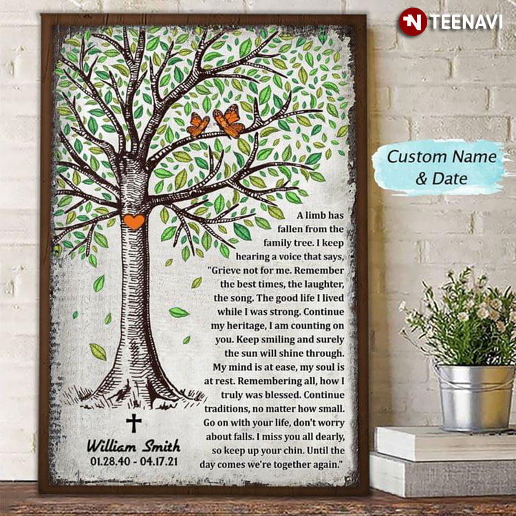 Personalized Name & Date Couple Of Monarch Butterflies & Heart Shape On Tree Trunk A Limb Has Fallen From The Family Tree