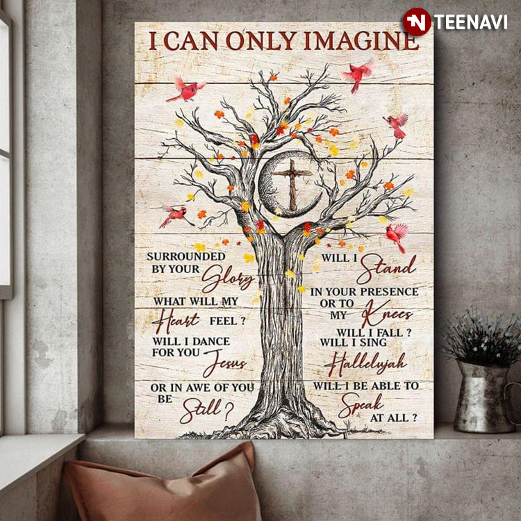 Vintage Red Cardinals Flying Around Autumn Tree & Jesus Cross MercyMe I Can Only Imagine Lyrics Surrounded By Your Glory