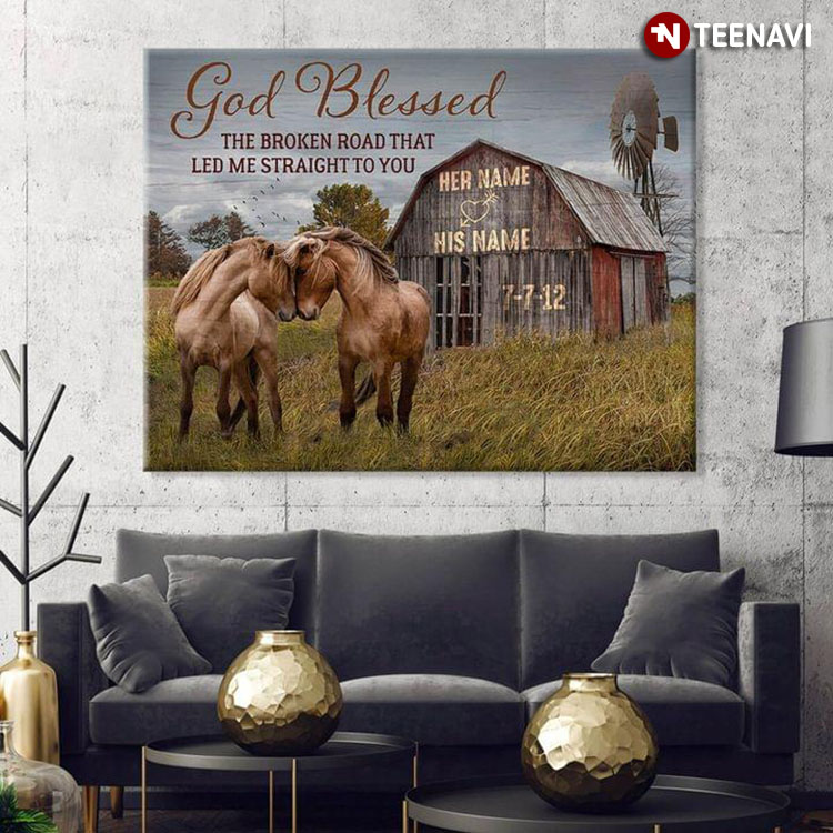 Personalized Name & Date Brown Horse Couple Cuddling On Farm God Blessed The Broken Road That Led Me Straight To You