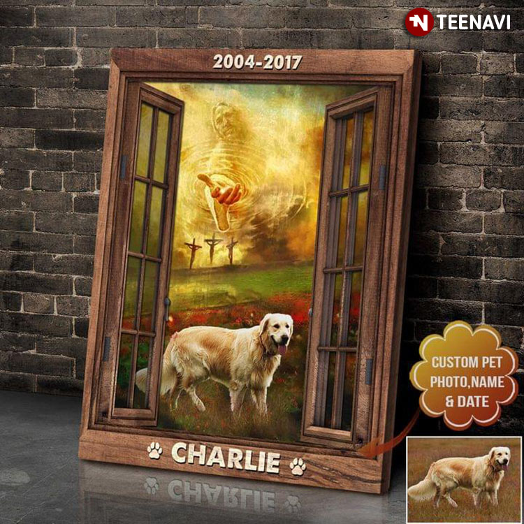 Personalized Pet's Photo, Name & Date Window Frame With Jesus Christ Giving His Helping Hand To Golden Retriever Dog