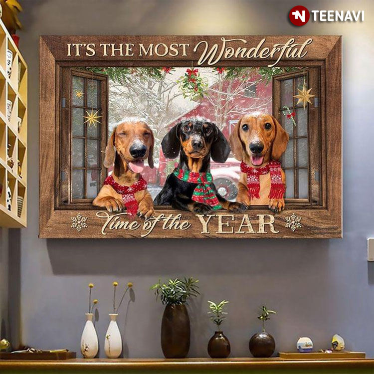 Wooden Window Frame With Dachshunds Wearing Scarves Christmas It’s The Most Wonderful Time Of The Year