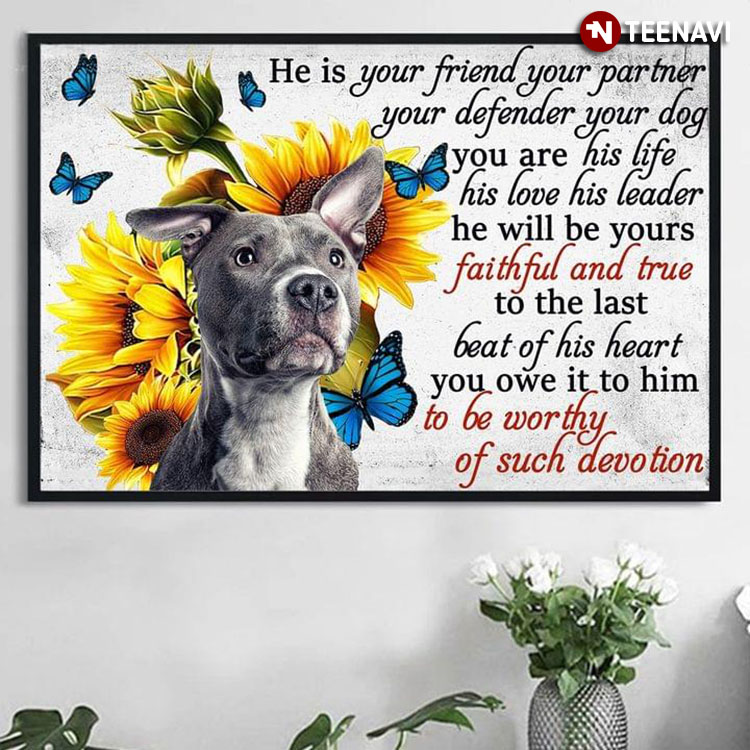 Vintage Blue Butterflies Flying Around Pitbull & Sunflowers He Is Your Friend Your Partner Your Defender Your Dog