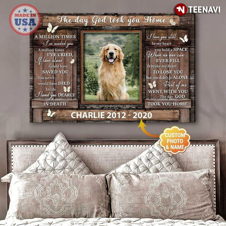 Personalized Name, Year & Photo Barn Window Frame White Butterflies Flying Around Golden Retriever Dog The Day God Took You Home