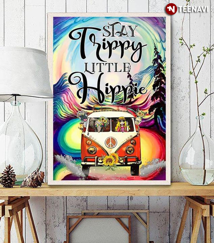 Colorful Girl With Elephant, Sheep & Donkey Sitting On Hippie Peace Bus Stay Trippy Little Hippie