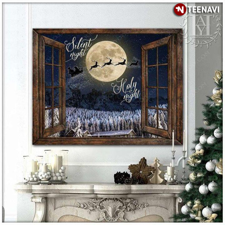 Vintage Window Frame With Santa Claus Flying In His Sleigh With Reindeer In Front Of A Full Moon Silent Night Holly Night