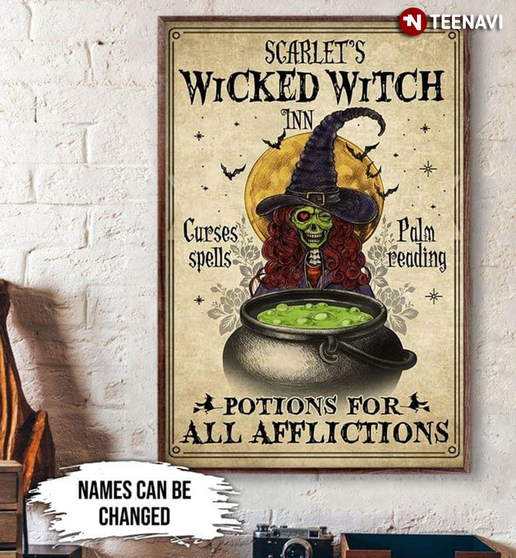 Personalized Name Green Halloween Witch With Cauldron & Bats Flying Around Wicked Witch Inn Potions For All Afflictions