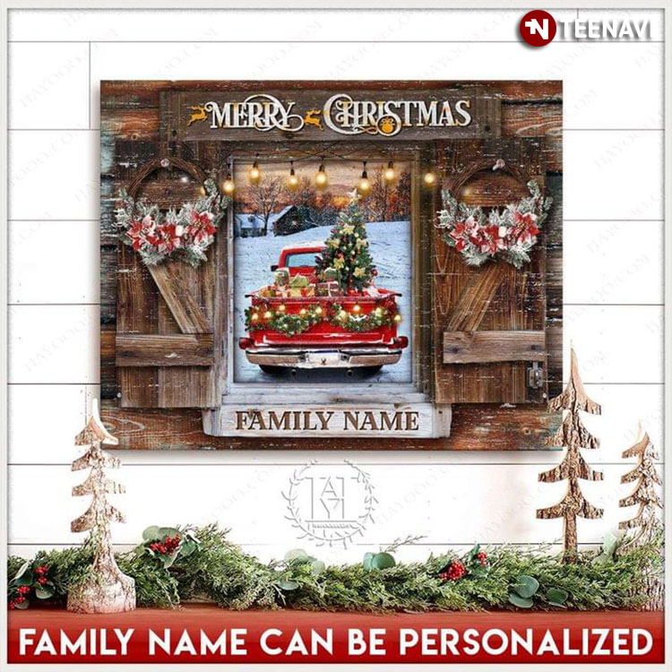 Personalized Family Name Barn Window Frame With Red Truck Carrying Pine Tree And Gifts Merry Christmas