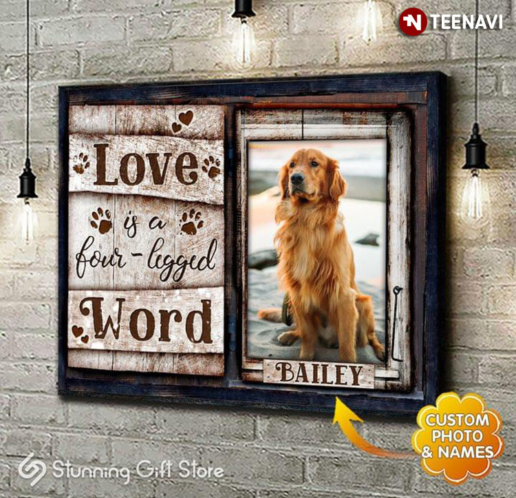 Personalized Name & Photo Barn Window Frame With Golden Retriever Dog & Paw Prints Love Is A Four-legged Word