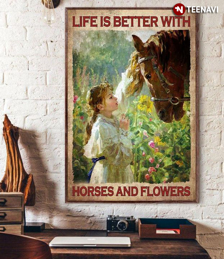 Vintage Girl Cuddling Horse In Flower Garden Life Is Better With Horses And Flowers