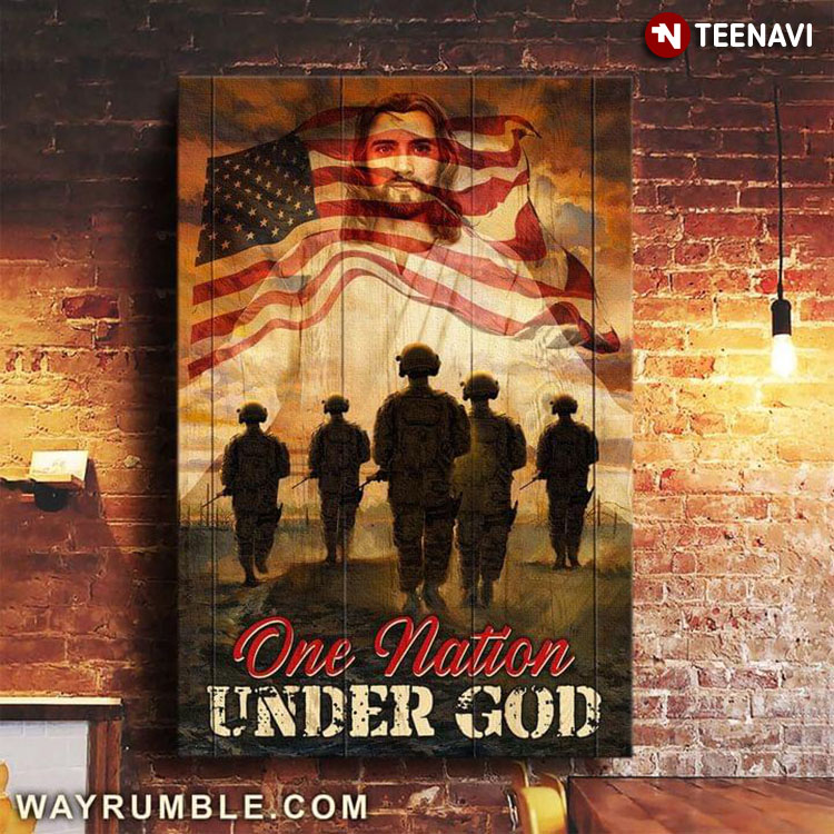 Vintage American Soldiers Under American Flag And Jesus Chirst One Nation Under God