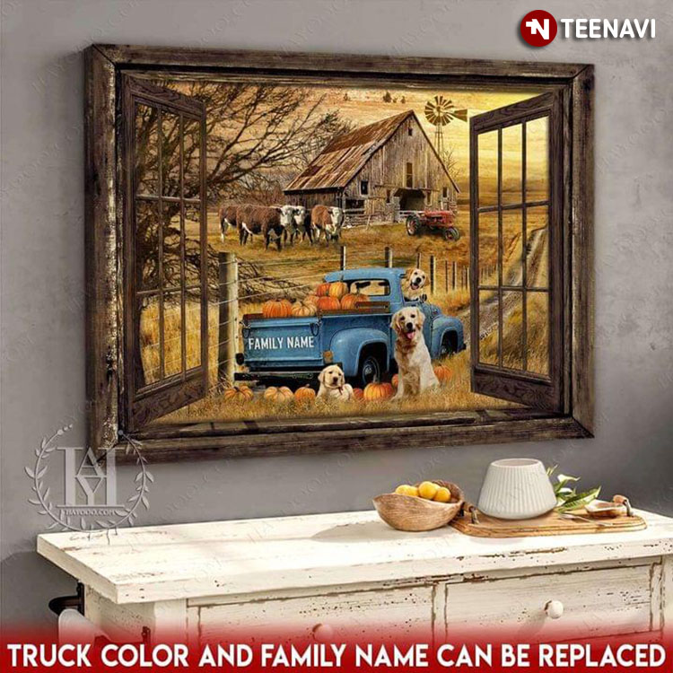 Personalized Family Name & Truck Color Barn Window Frame With Blue Truck Carrying Pumpkins And Dogs With Cows, Red Tractor Around