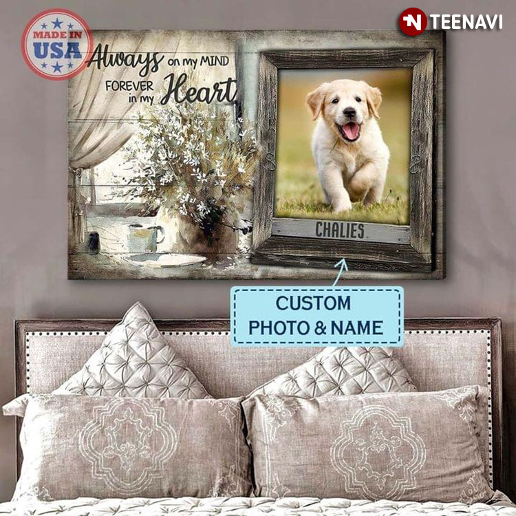 Personalized Pet's Photo & Name Labrador Retriever Puppy Tiny White Flowers On Vase & Dog Picture Frame Always On My Mind Forever In My Heart