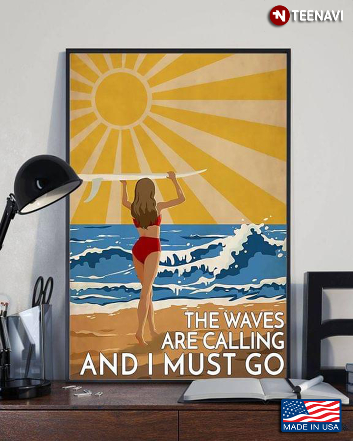 Vintage Girl In Red Bikini Putting Surfboard On Her Head The Waves Are Calling And I Must Go