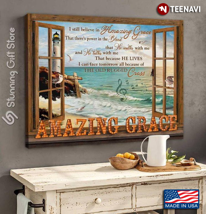 Vintage Window Frame With Jesus Cross On Sandy Beach & Lighthouse I Still Believe In Amazing Grace
