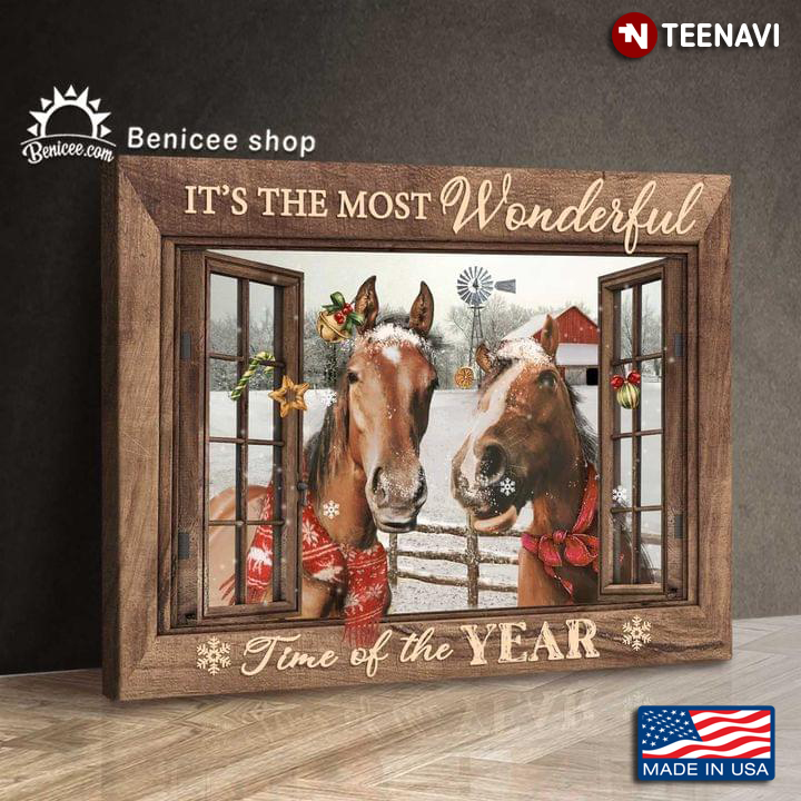 Wooden Window Frame With Couple Of Horses Wearing Red Scarf & Ribbon Christmas It’s The Most Wonderful Time Of The Year