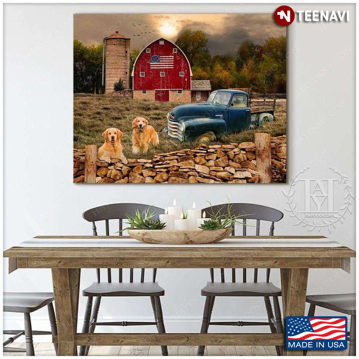 Farmhouse With Betsy Ross Flag, Blue Truck And Golden Retriever Dogs On Farm