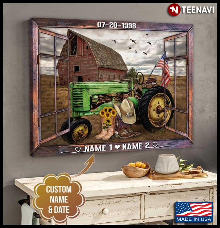 Personalized Name & Date Barn Window Frame With Green Tractor, American Flag, Cowboy Boots & Cowgirl Boots On Farm